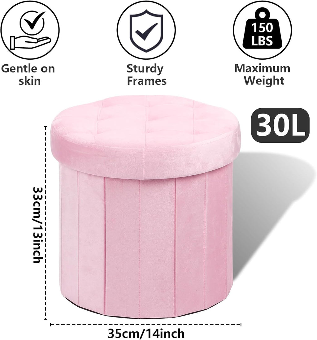 AmasSmile Storage Ottoman Folding Foot Rest Stool, 14x14x13 inch Small Leather Footstool Bench, Short Ottoman Bench, Storage Foot Rest Store, Blanket Chest, Rose Pink
