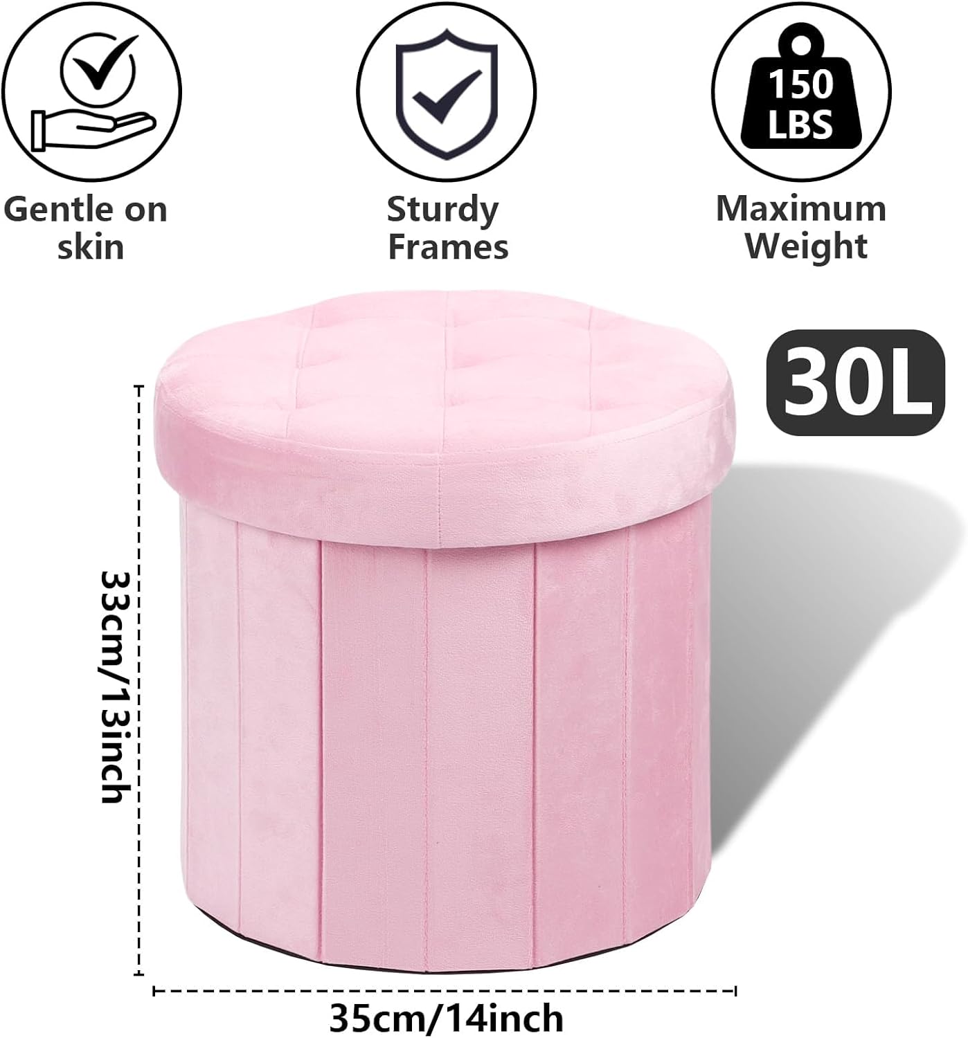 AmasSmile Storage Ottoman Folding Foot Rest Stool, 14x14x13 inch Small Leather Footstool Bench, Short Ottoman Bench, Storage Foot Rest Store, Blanket Chest, Rose Pink