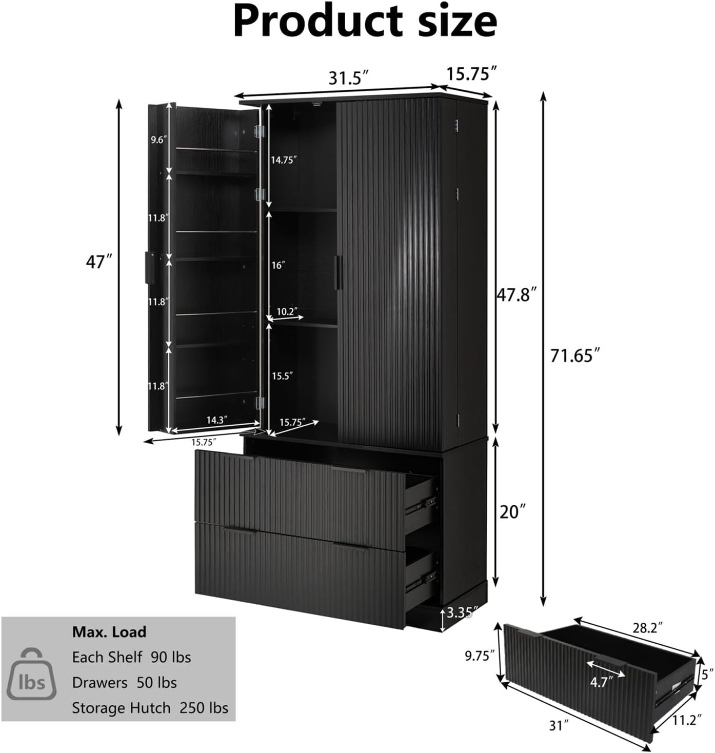 72" Modern Fluted Kitchen Pantry Cabinet with 2 Large Drawers & 8-Door Spice Rack, Freestanding Storage Organizer for Bathroom, Dining Room, Office, Entryway, White/Black,for Kitchen