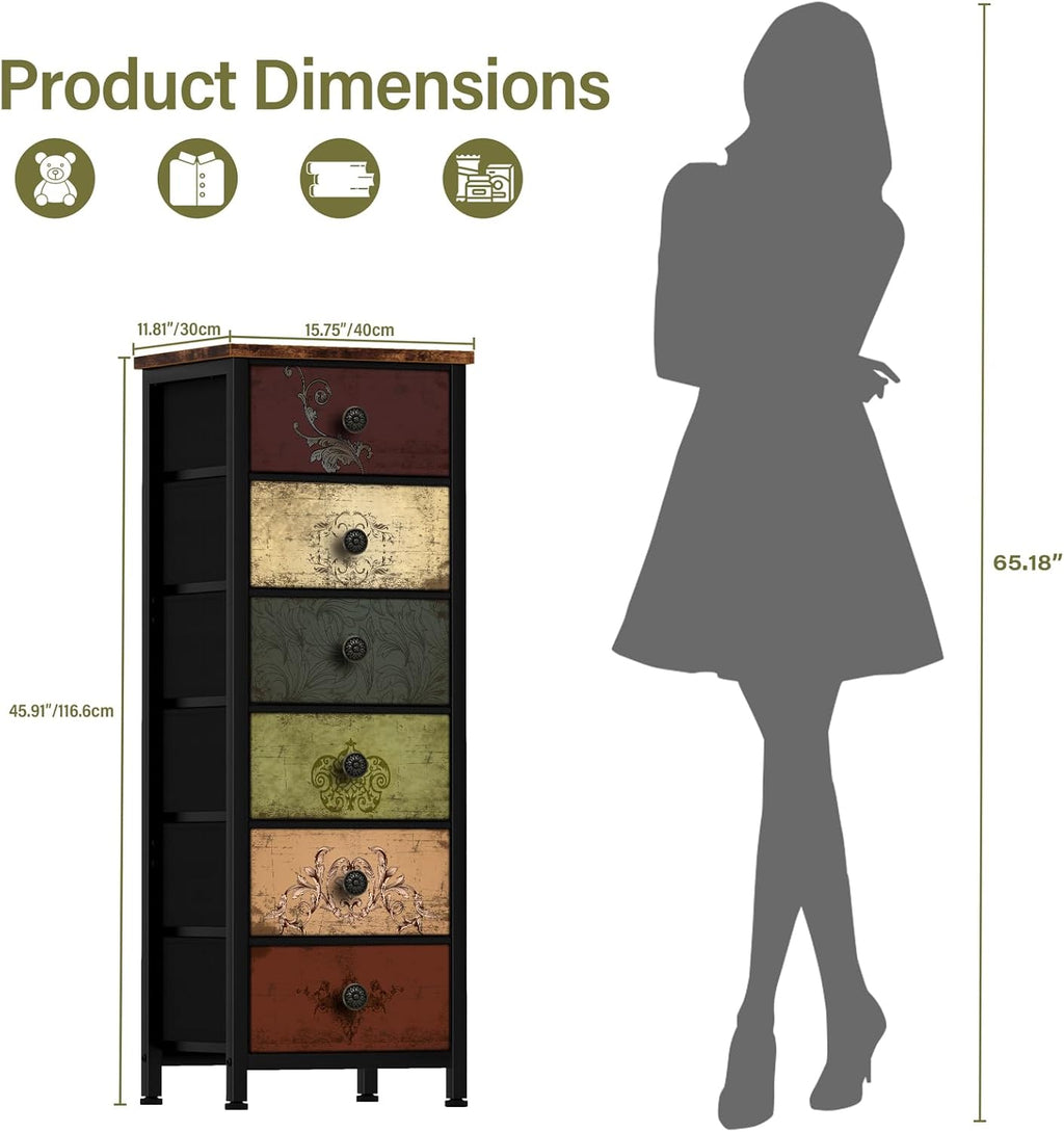 VASICAR Tall Dresser with 6 Drawers, Pattern Storage Drawer Units, Storage Tower Units, Fabric Dresser Nightstand for Bedroom, Hallway, Entryway, Closets, Dorm