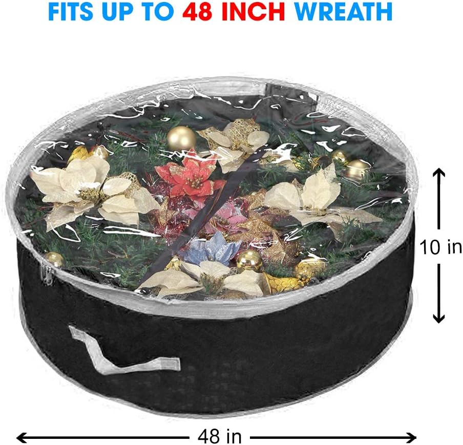 Christmas Wreath Storage Bag 48" with Clear Window | Extra Large Garland Xmas Wreath Container | Durable 600D Oxford Material | XL Huge 48” Holiday Wreath Bags Box (Black)
