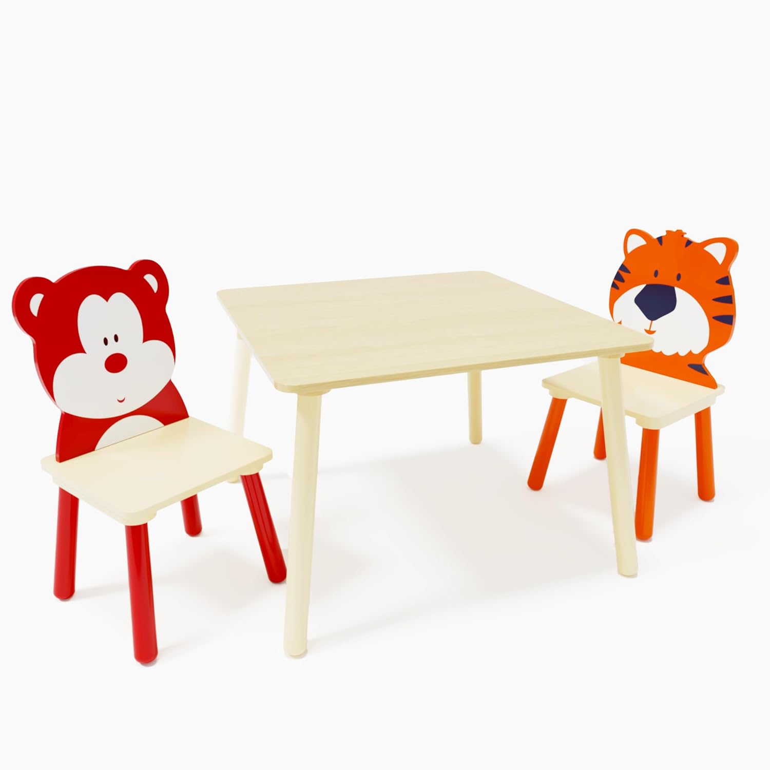3 Pieces Table and Chair Set, Tiger & Bear Pattern Activity Play Set with Solid Wood Legs, Wooden Furniture for Playroom, Daycare & Kindergarten