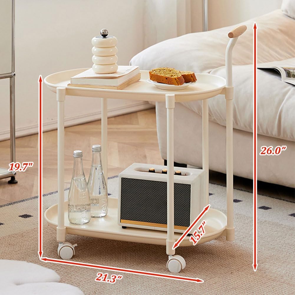 Mobile End Table, 2 Tier Side Cabinet with Handle Storage Rack and 4 Wheels, Utility Cart Living Room Small Sofa Table Mobile Plastic Side Table Little Night Stand Bedroom Balcony, White
