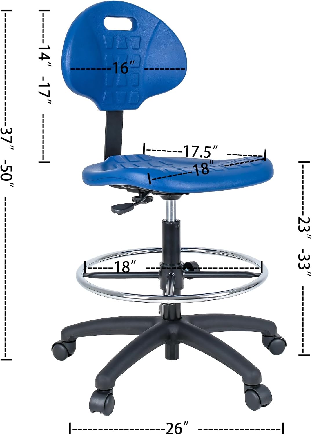 Chair Master-Blue Deluxe Ergonomic Polyurethane Chair. 10" of Height Adjustment (23"-33" Seat Ht). 18" Adjustable Footring 450 lb Capacity. Easy to Clean. for Automotive, Lab, Cleanroom (Blue)
