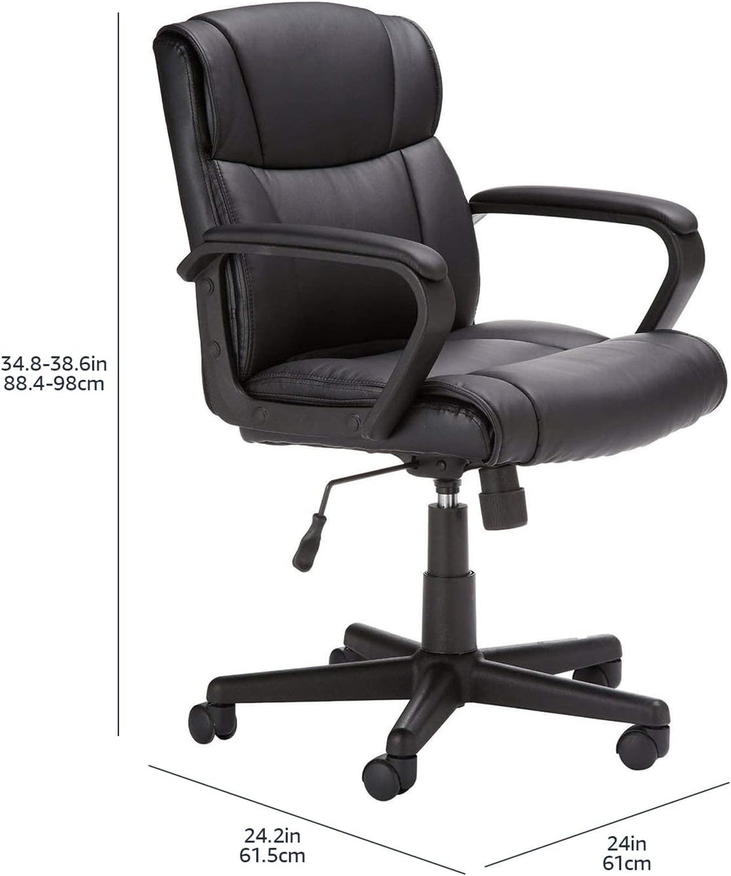 Amazon Basics Office Task Chair with Adjustable Height, 360° Swivel, Padded Armrests, Mid-Back, Rolling, 275 Pound Capacity, 24.2"D x 24"W x 34.8"H, Black Faux Leather