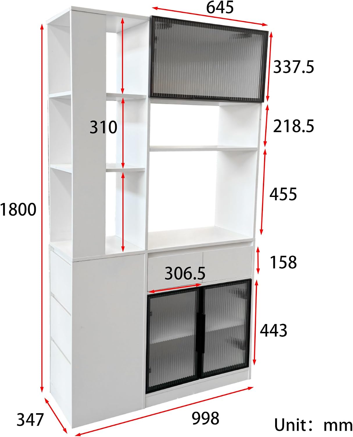 Modern 70.87" Tall Storage Cabinet with 5 Drawers, Glass Doors and Display Shelves, Freestanding Kitchen Pantry Cabinet with Microwave Space for Living Room, Dining Room, Hallway, White