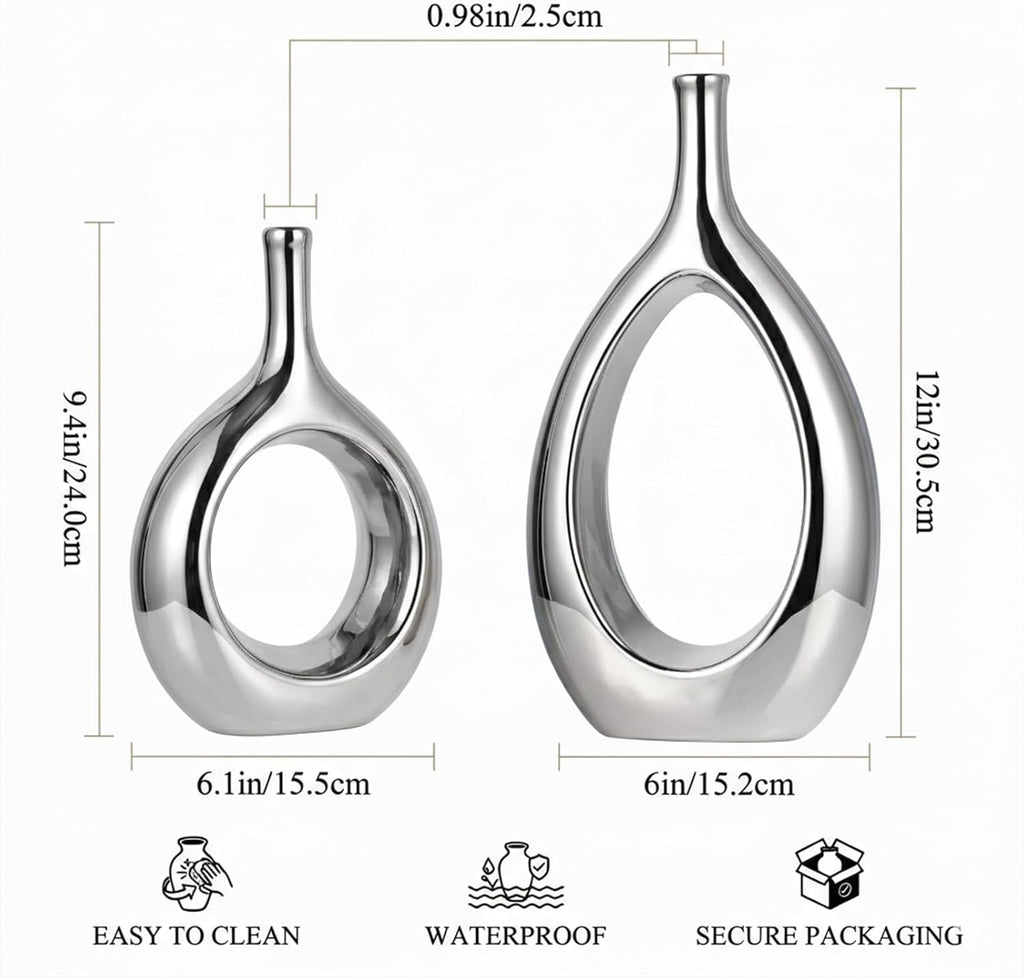 Glossy Silver Vase Ceramic Silver Vases Home Decor,Modern Minimalist Circle with Hole Decorative Vase, Hollow Ellipse Flower vases for Bookshelf, Fireplace Mantle, Centerpieces,Farmhouse,Rustic Décor