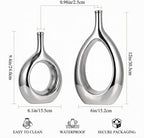 Glossy Silver Vase Ceramic Silver Vases Home Decor,Modern Minimalist Circle with Hole Decorative Vase, Hollow Ellipse Flower vases for Bookshelf, Fireplace Mantle, Centerpieces,Farmhouse,Rustic Décor
