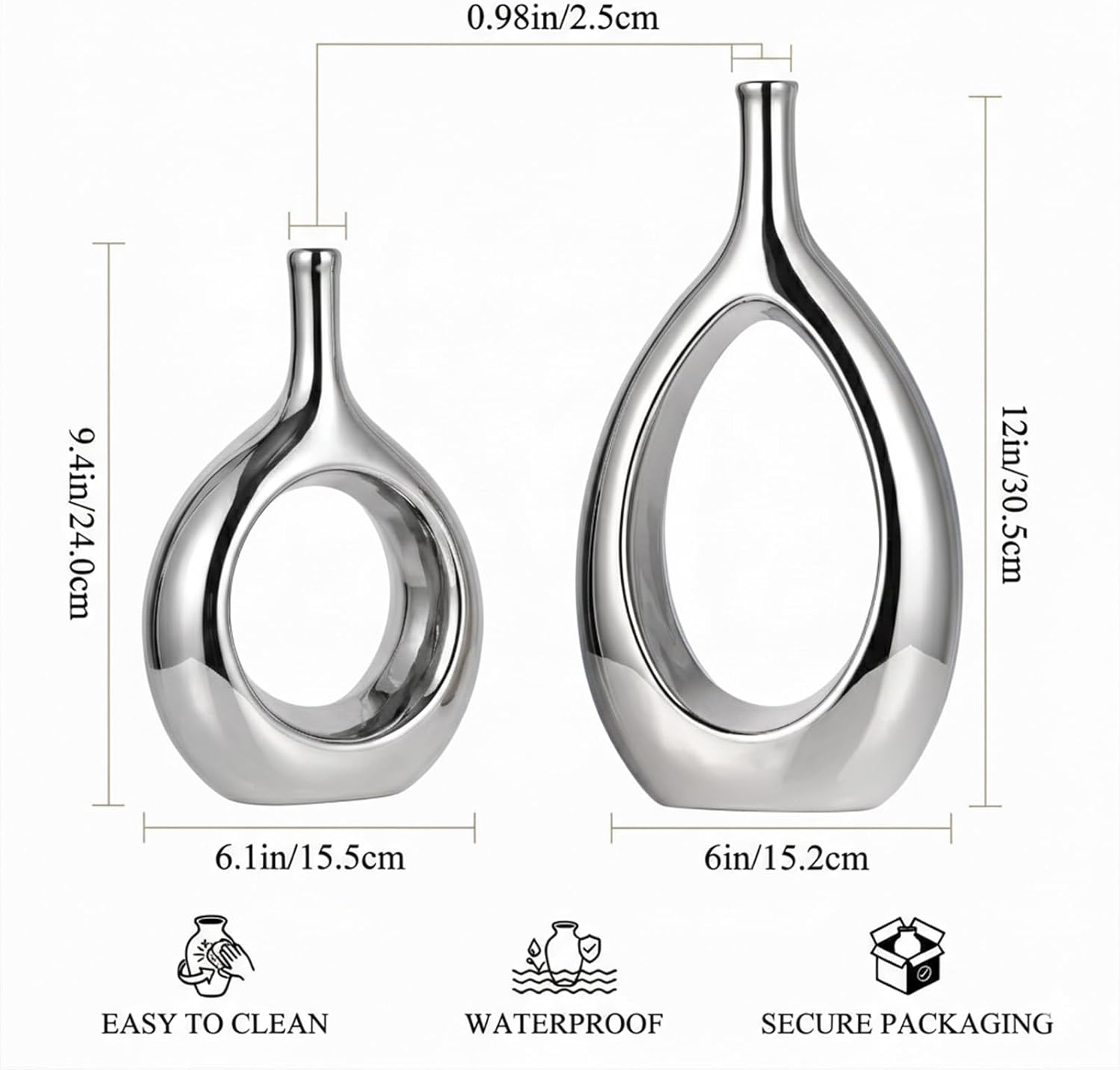 Glossy Silver Vase Ceramic Silver Vases Home Decor,Modern Minimalist Circle with Hole Decorative Vase, Hollow Ellipse Flower vases for Bookshelf, Fireplace Mantle, Centerpieces,Farmhouse,Rustic Décor