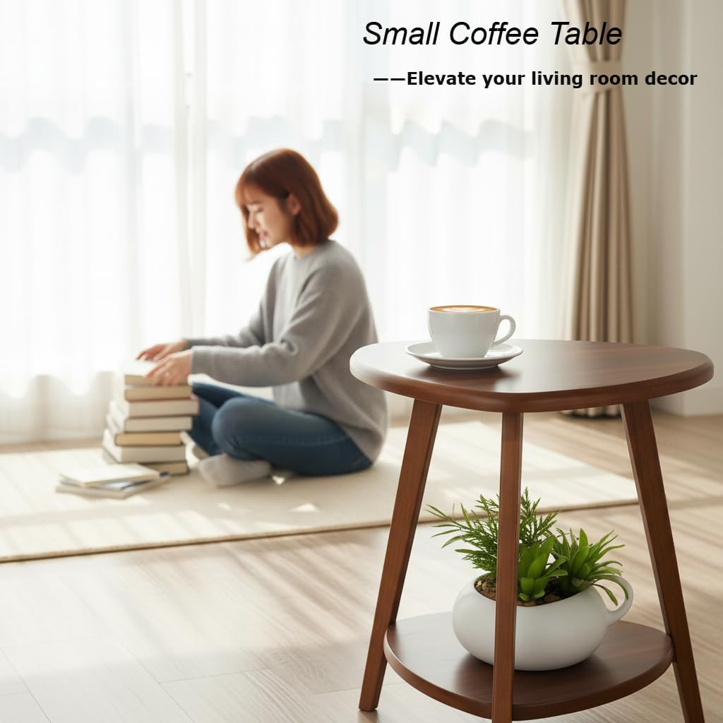 2-Tier Teardrop Shape End Table, Wood Side Table with Storage Shelf, Nightstand for Living Room Bedroom, Mid Century Modern Small Side Tables for Small Spaces, Solid Wood Legs, Walnut Brown