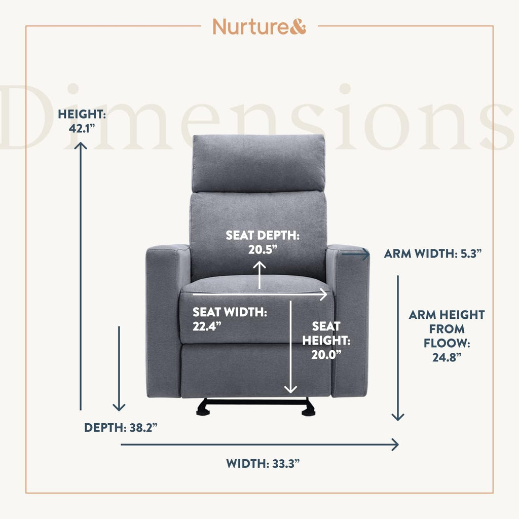Nurture& The Manual Glider Premium Modern Recliner Nursery Glider Chair with Spill, Stain Proof Fabric | Designed with a Thoughtful Combination of Function and Comfort | Water Repellant (Gray)