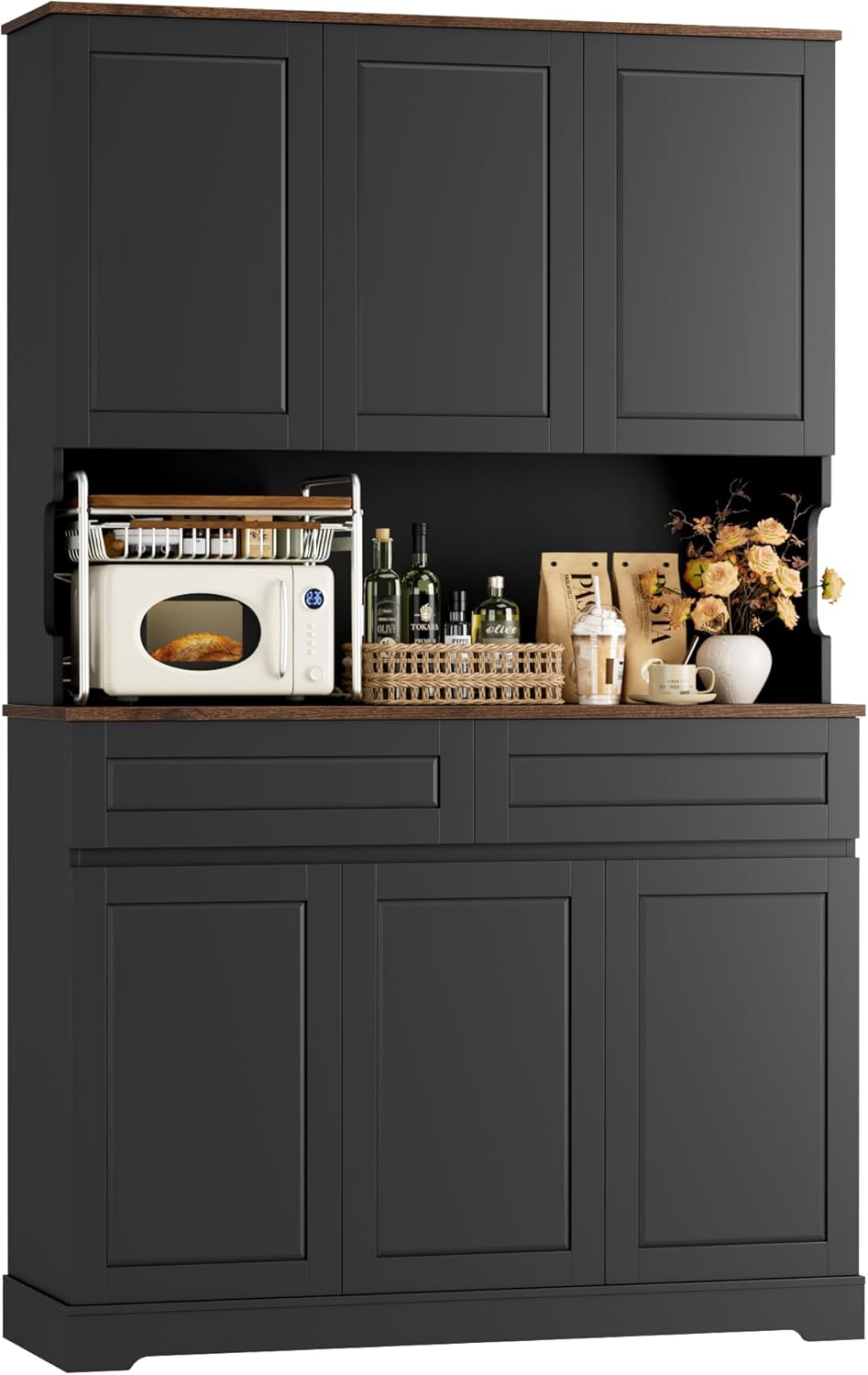 FACBOTALL 74" Pantry Cabinet, Tall Kitchen Pantry Cabinet with 6 Doors and 2 Drawers, Kitchen Hutch with Wide Countertop, Modern Kitchens Cupboard with Adjustable Shelves and Charge Holes, Black