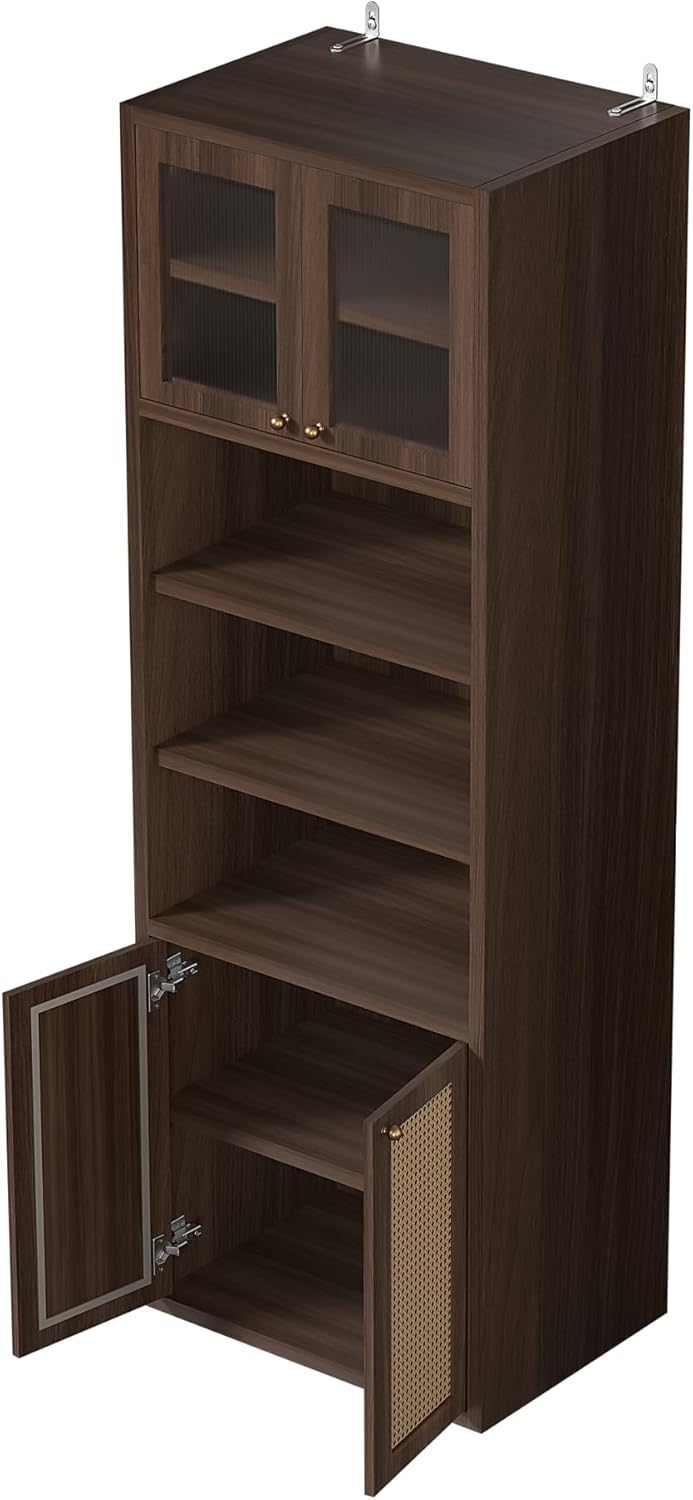 71.3''Tall Kitchen Pantry Cabinet with Oversized Open Shelf & Coffee Station,Tall Extra Deep Enclosed Storage, Fluted Rattan Doors,Adjustable Shelves, Anti-Tip, for Multi-Room Use,Brown
