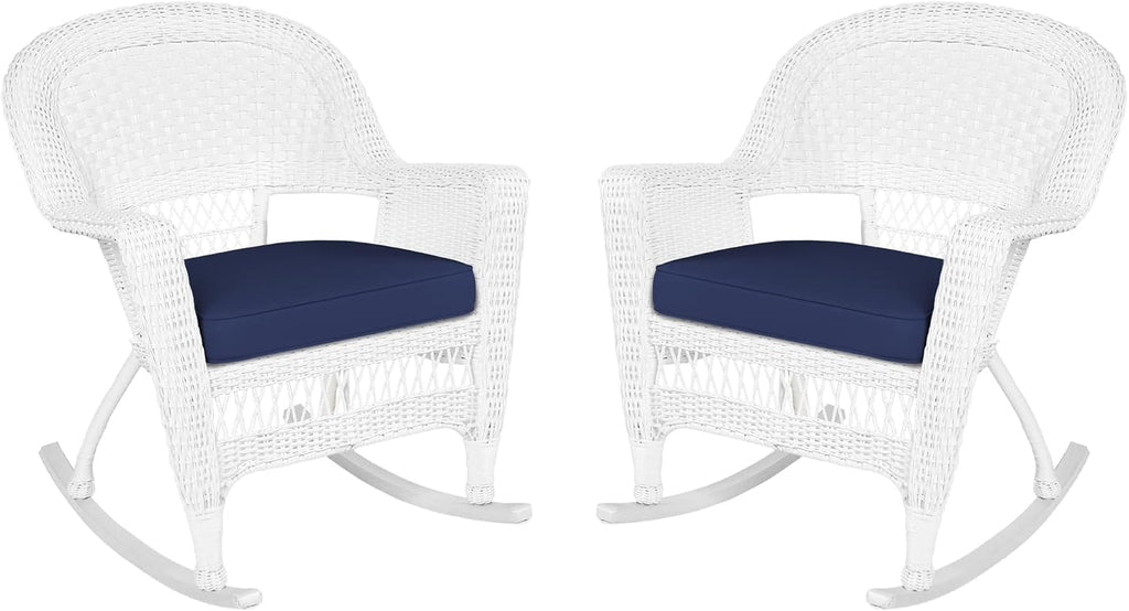 Jeco Rocker Wicker Chair with Blue Cushion, Set of 2, White