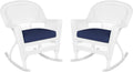 Jeco Rocker Wicker Chair with Blue Cushion, Set of 2, White