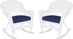 Jeco Rocker Wicker Chair with Blue Cushion, Set of 2, White