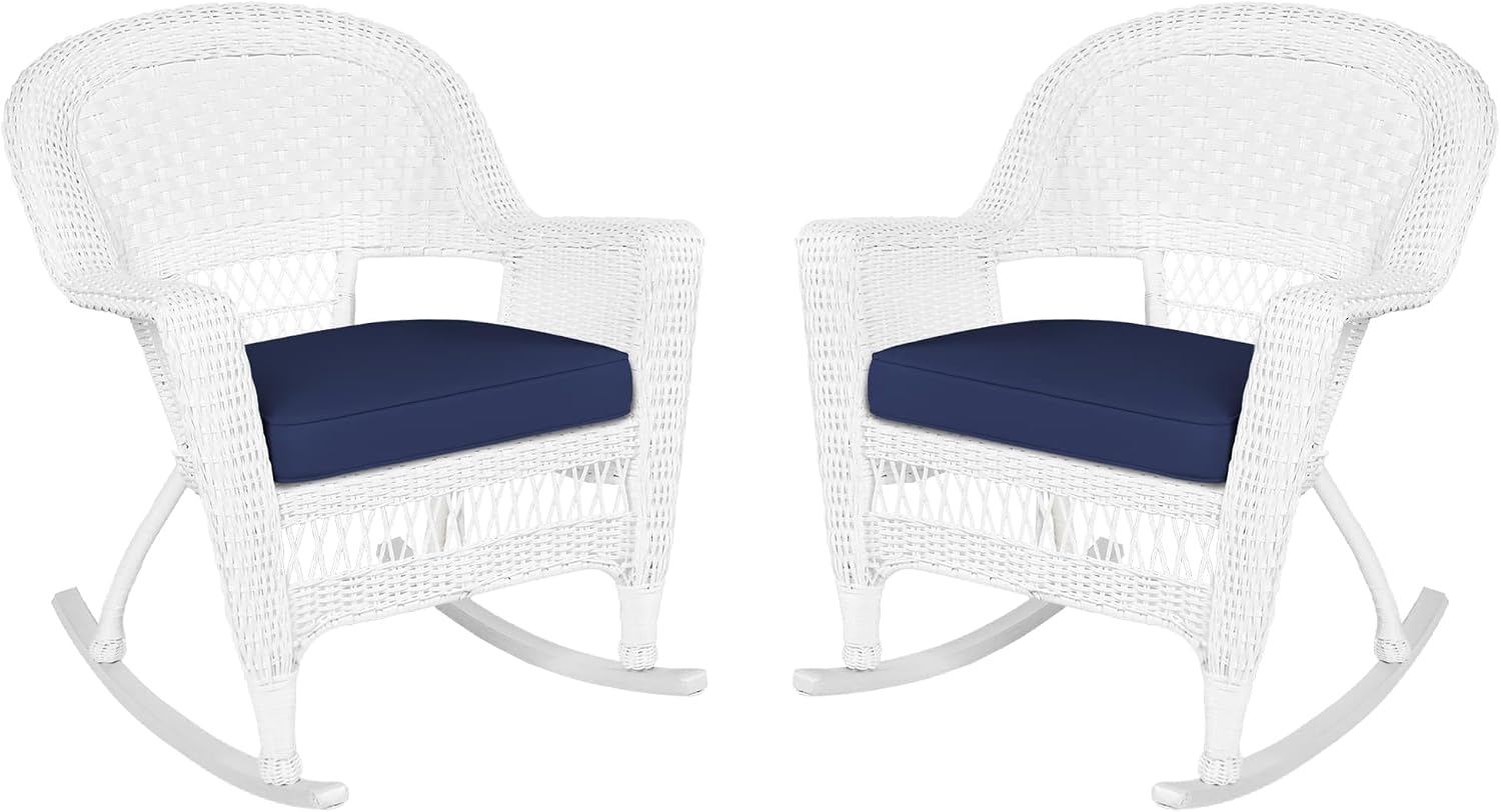Jeco Rocker Wicker Chair with Blue Cushion, Set of 2, White