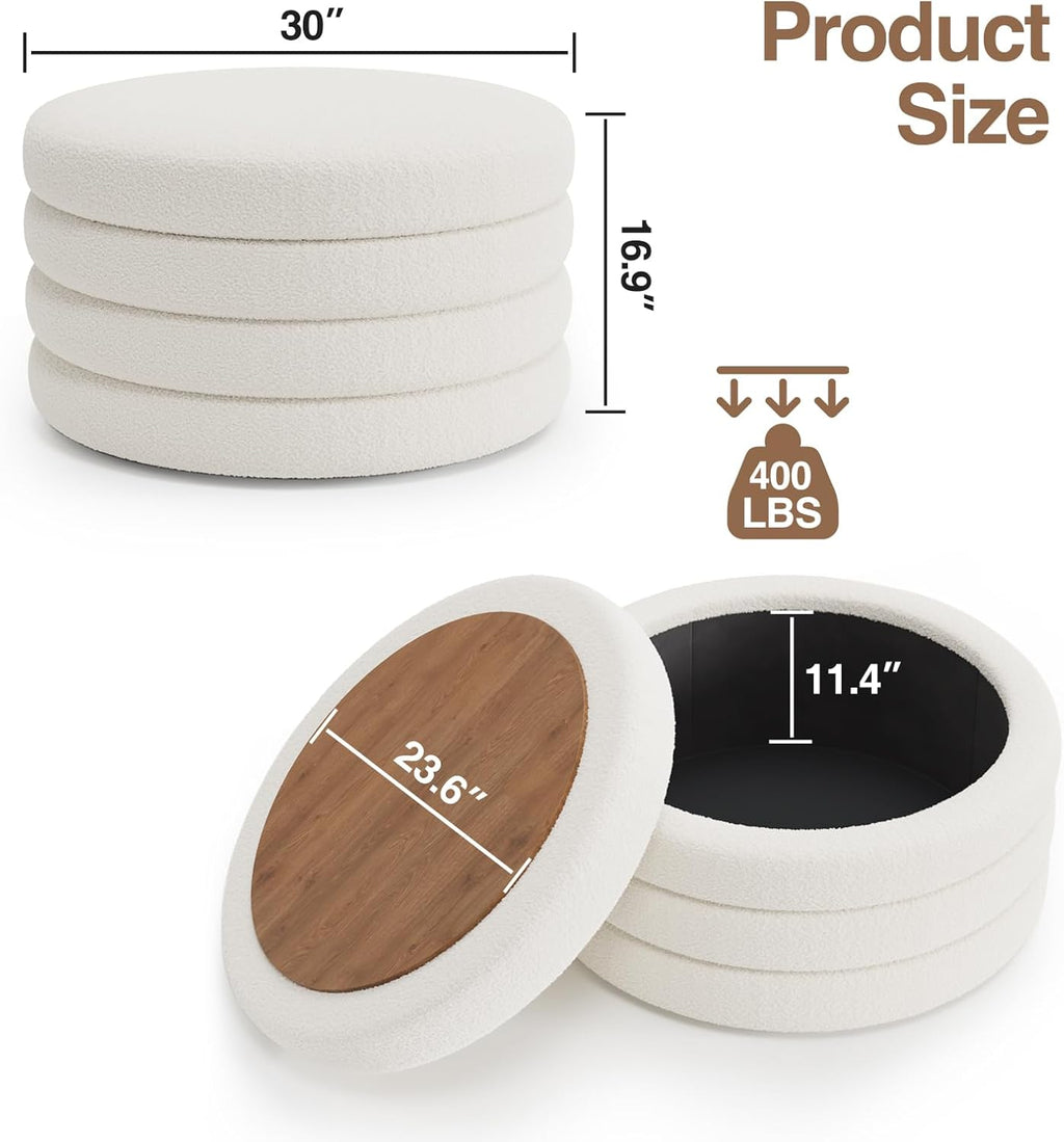 FiveWillowise 30 Inch Round Ottoman with Storage,Large Sherpa Storage Coffee Table Ottoman with Tray, Multi-Functional Cozy Modern Foot Rest for Couch, Living Room, Bedroom,Cream White