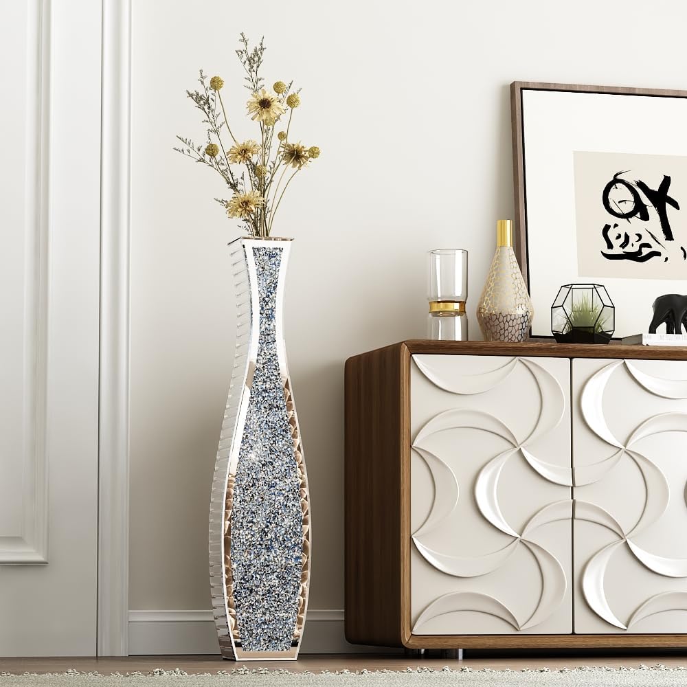 SHYFOY 36" Tall Crushed Diamond Floor Vase Silver Mirrored Tall Vases for Floor Large Crystal Decorative Glass Standing Vase Luxury for Home Decor Living Room Office Bedroom Kitchen