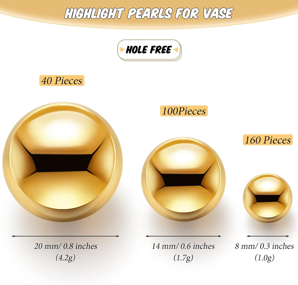 Junkin 300 Pcs Vase Filler Faux Pearls Vase Makeup Beads Bulk No Hole Gloss Pearl Beads Mixed Sizes Round Pearls for Wedding Home Table Birthday Decoration, 8/14/20 Mm(Gold)