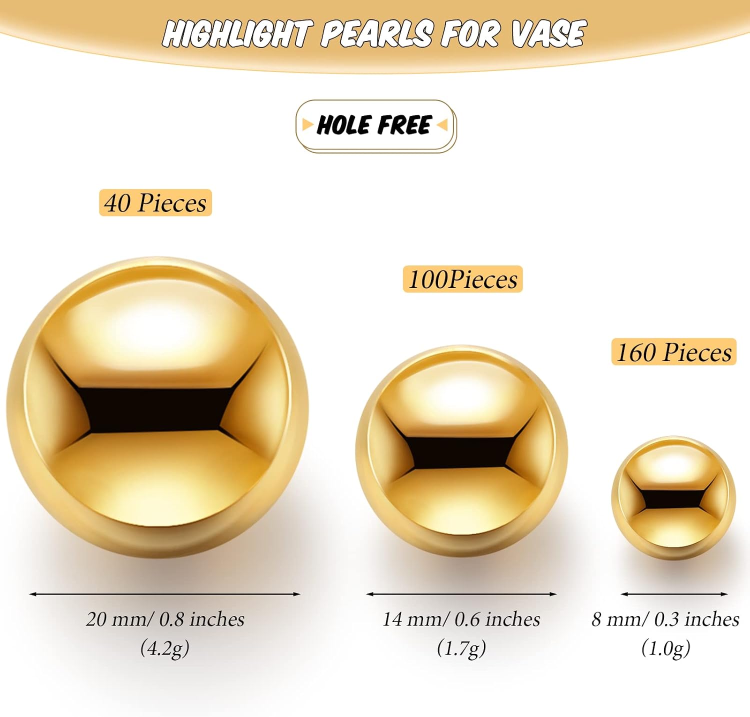 Junkin 300 Pcs Vase Filler Faux Pearls Vase Makeup Beads Bulk No Hole Gloss Pearl Beads Mixed Sizes Round Pearls for Wedding Home Table Birthday Decoration, 8/14/20 Mm(Gold)