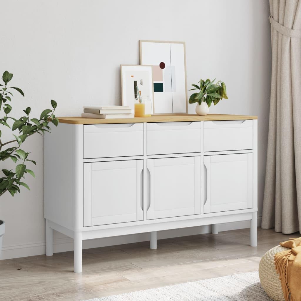 White Solid Pine Wood Sideboard with Drawers and Doors, Modern Engineered Wood Medium Storage Cabinet for Dining Room Living Room Hallway, Spacious Design and Durable