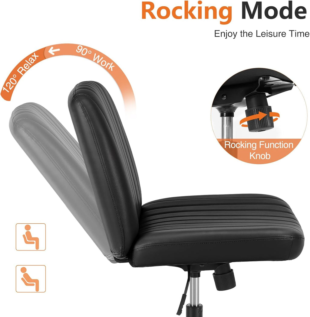 Sweetcrispy Criss Cross Chair Legged, PU Leather Armless Office Swivel Desk Chairs No Wheels, Vanity Height Adjustable Wide Seat Faux Leather Computer Task Chair for Home Bedroom, PU-Black