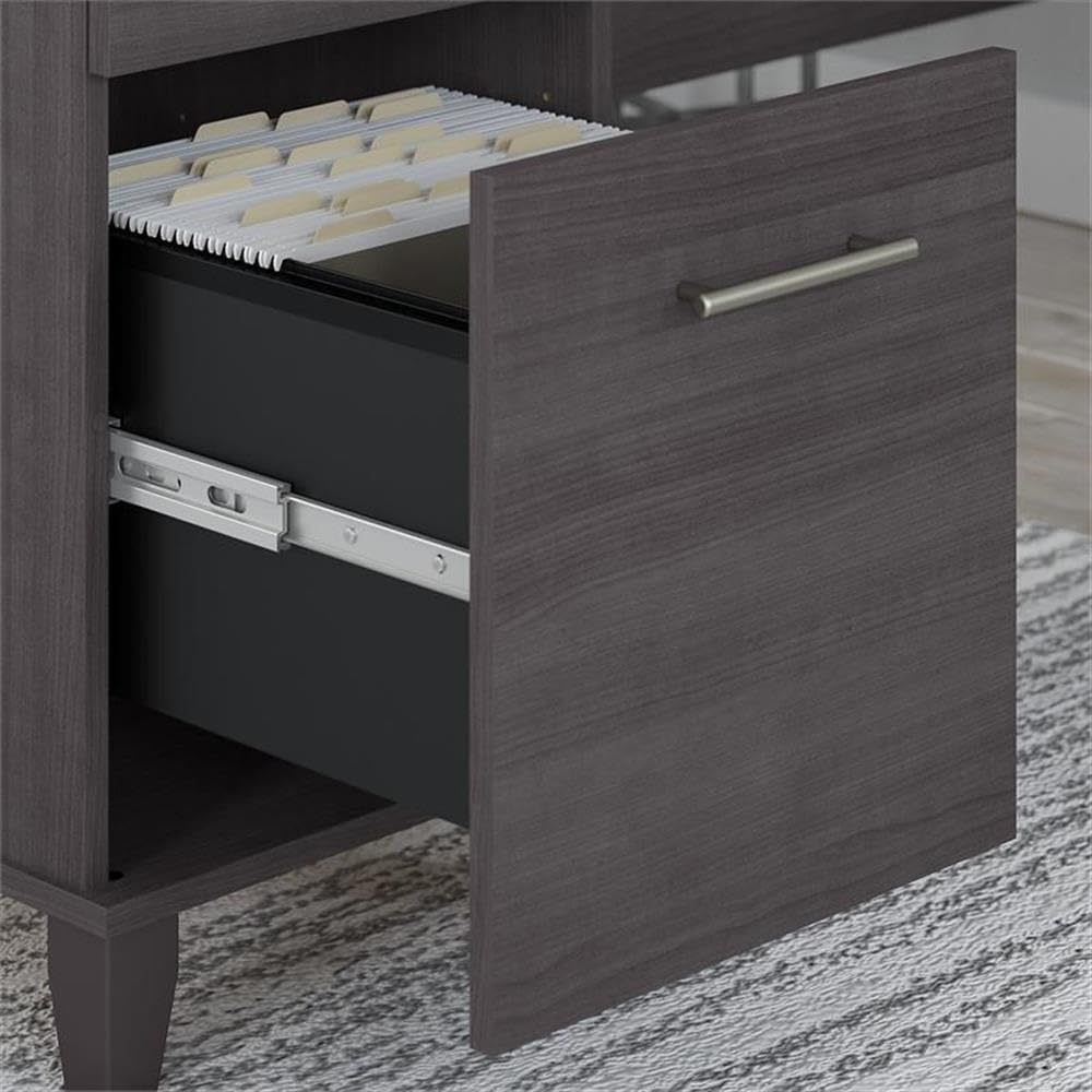 Bush Home Somerset 60W L Shaped Desk with Hutch and 5 Shelf Bookcase in Storm Gray