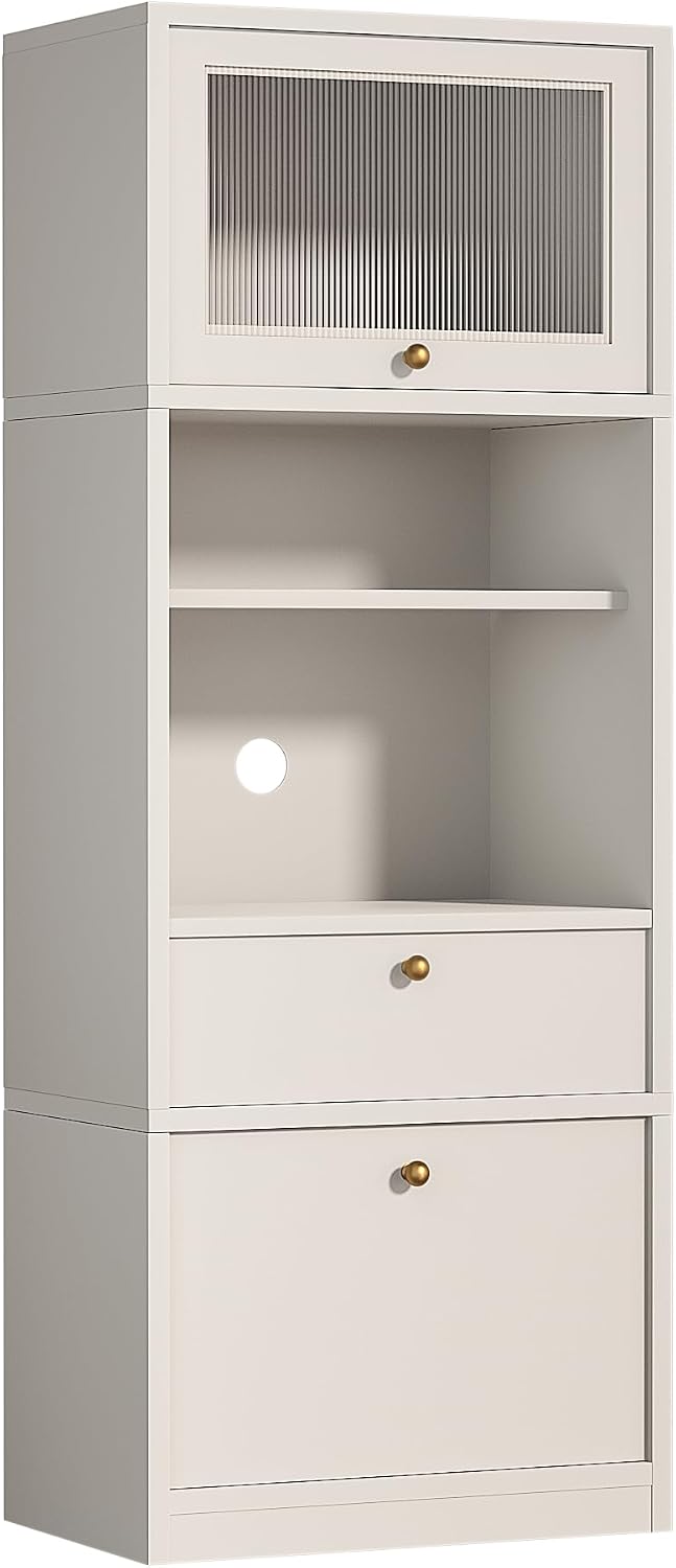 71" Tall Pantry Cabinet, Freestanding Storage Cabinet with Doors and Adjustable Shelves, Drawer and Anti-Tip Kit, E1-Grade Wood for Kitchen Pantry Bathroom Storage, Warm White