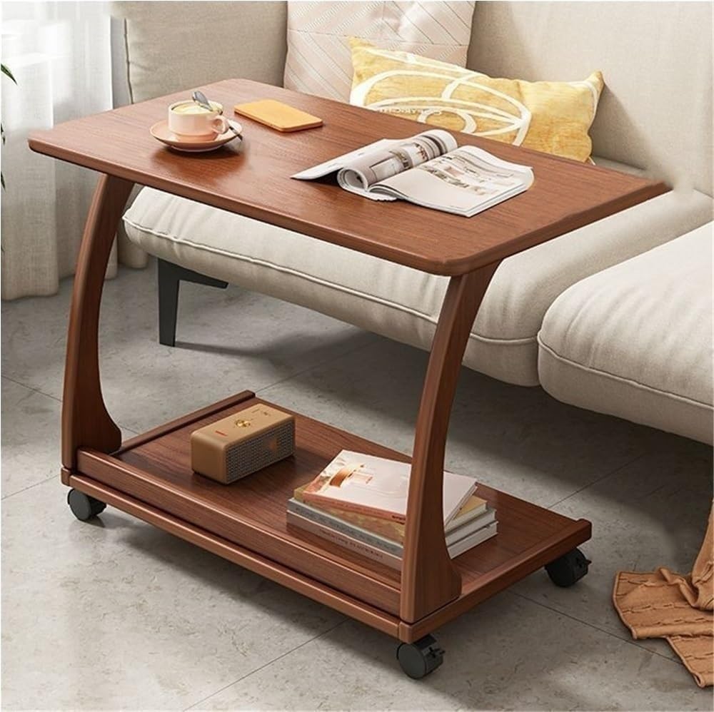 Mobile C-Shaped End Table with Wheels Wood Snack Table Rolling Sofa Side Table Slides Under Couch for Living Room Small Spaces Heavy Duty(Brown,80 cm)