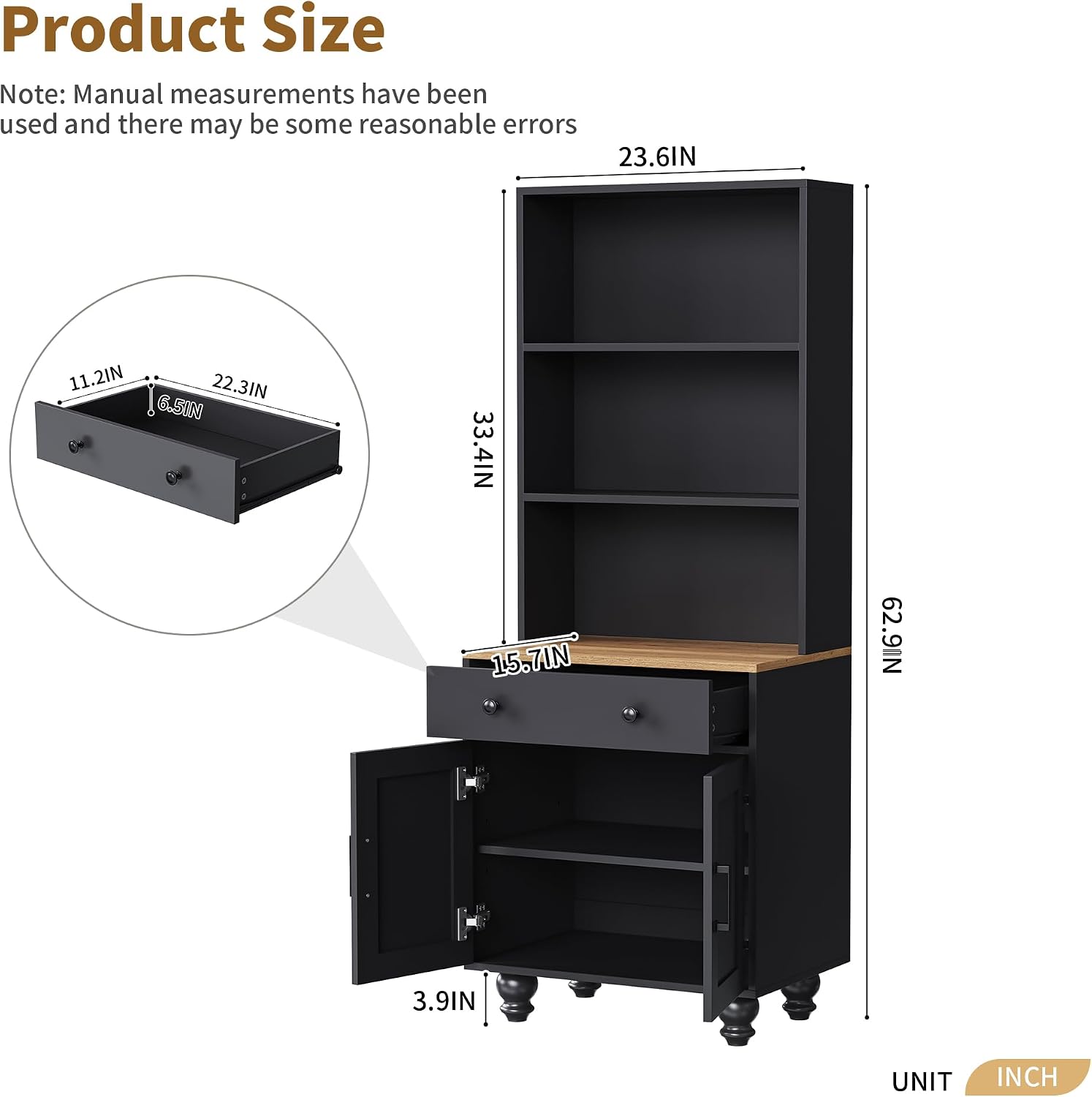 23.6" D*15.7" W*63" H Freestanding Kitchen Pantry with Dawer, 3 Shelves, Lower Double Door, Rectangular Storage Cabinet, Traditional, for Living Room, Dining Room, Black