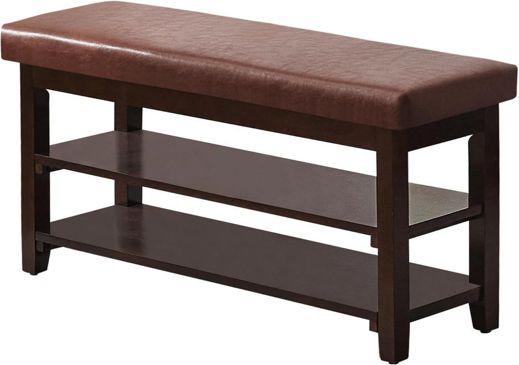 40" Shoe Bench with Leather Cushion, 2-Tier Shoe Rack Entryway Bench, Wood Bench for Front Door Entrance, Mudroom, Hallway, Wooden Shoe Shelves, Shoe Organizer, Shoe Storage, Brown