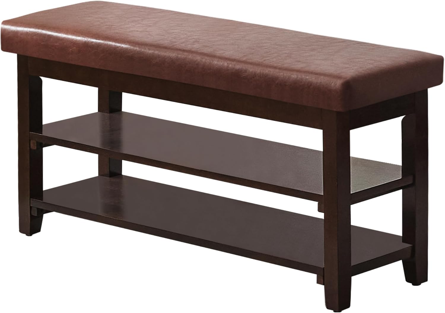 40" Shoe Bench with Leather Cushion, 2-Tier Shoe Rack Entryway Bench, Wood Bench for Front Door Entrance, Mudroom, Hallway, Wooden Shoe Shelves, Shoe Organizer, Shoe Storage, Brown