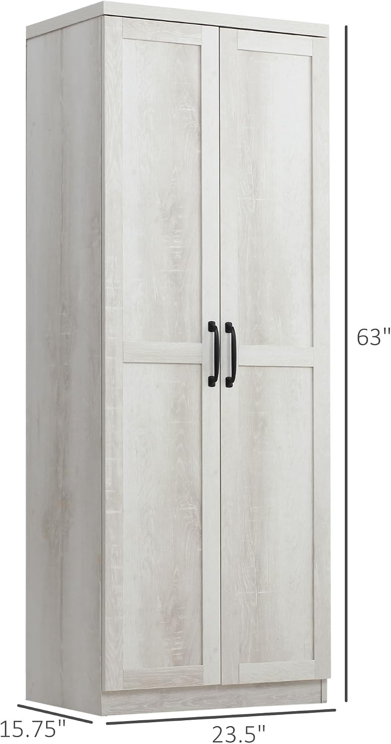 63" 2-Door Kitchen Pantry, Freestanding Storage Cabinet with 5-Tier Shelving and 2 Adjustable Shelves for Dining Room, Antique White,15.8 * 23.5 * 63