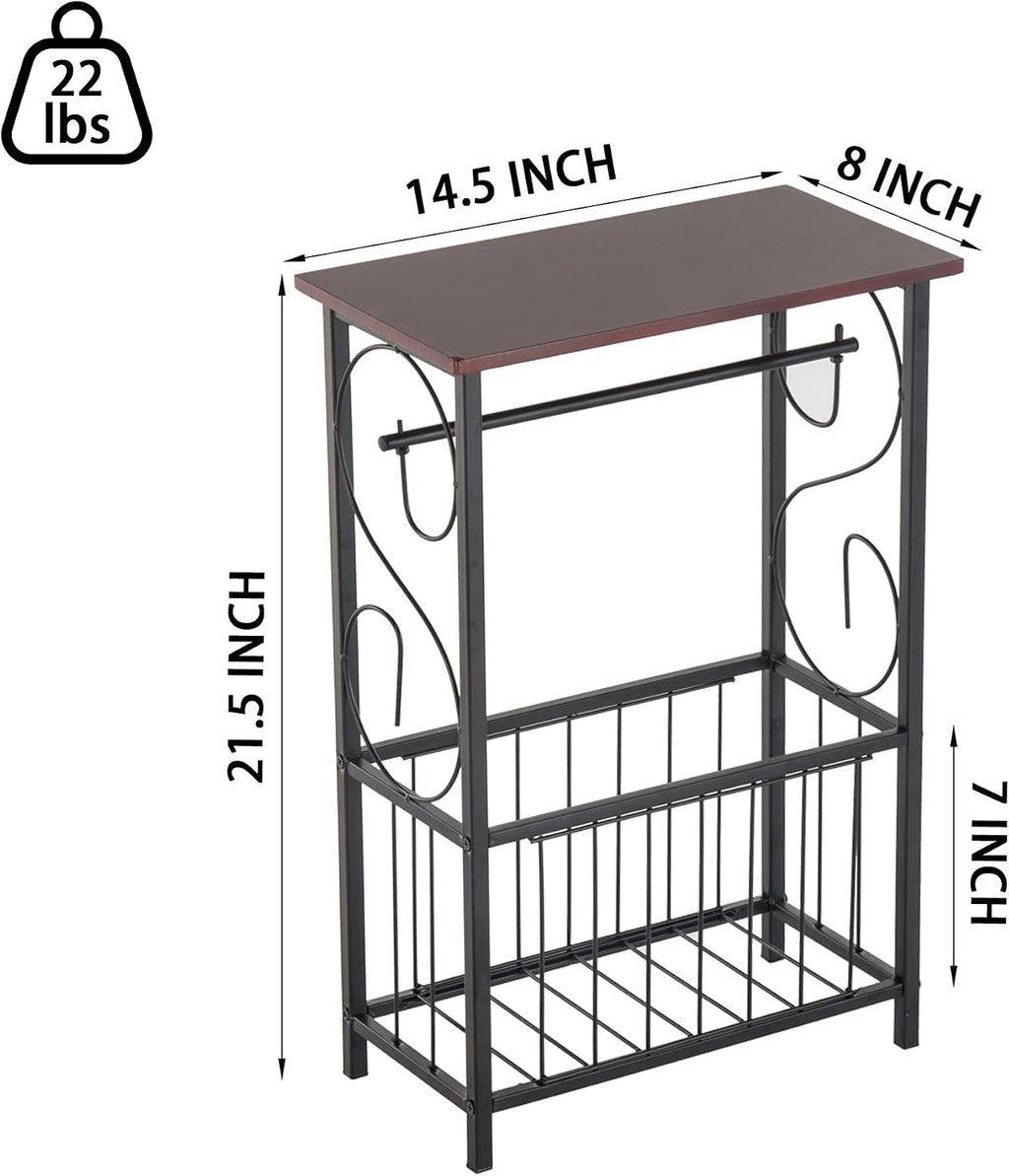 PARISLOFT Bathroom Narrow Side Table Organizer,Toilet Paper Holder Stand with Roll Dispenser & Magazine Rack, Metal Frame with Wood Top for Bathroom Organization, Coffee Color