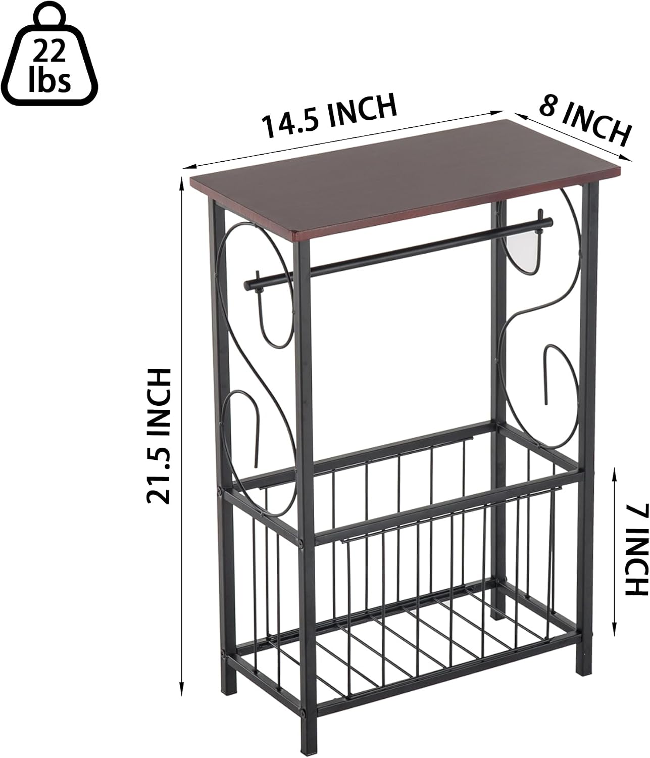 PARISLOFT Bathroom Narrow Side Table Organizer,Toilet Paper Holder Stand with Roll Dispenser & Magazine Rack, Metal Frame with Wood Top for Bathroom Organization, Coffee Color