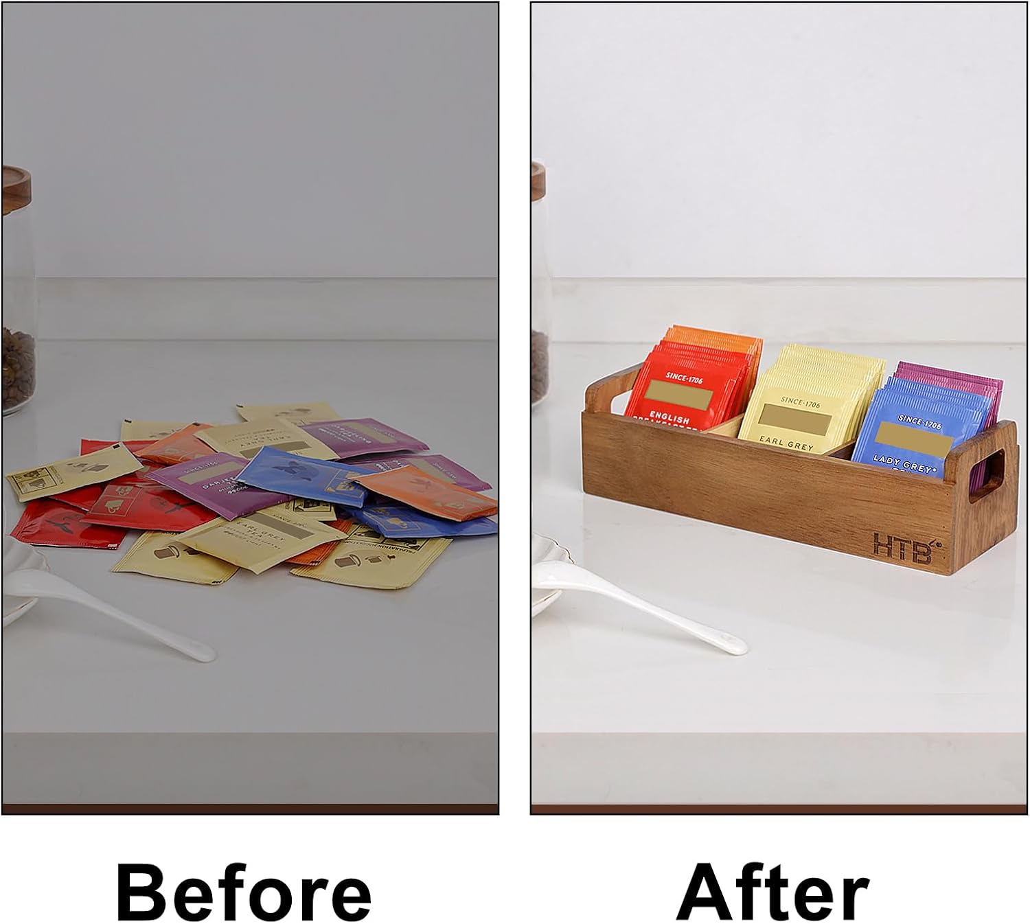 HTB Acacia Wood Small Tea Bag Box with 3 Compartments for Counter Drawer | Tea Bag Chest with Handle, Mini Countertop Divided Storage Container for Beverage Supplies, Sugar, Sweeteners