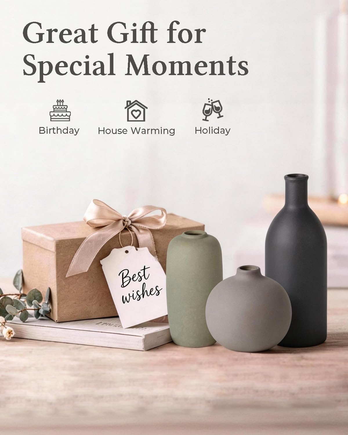 Ceramic Modern Vase Set of 3, Neutral Small Decorative Pottery Vases | Rustic Farmhouse Decor for Pampas Grass, Dried or Fresh Flowers, Perfect Vase Decor for Shelves&Small Spaces, Morandi Color