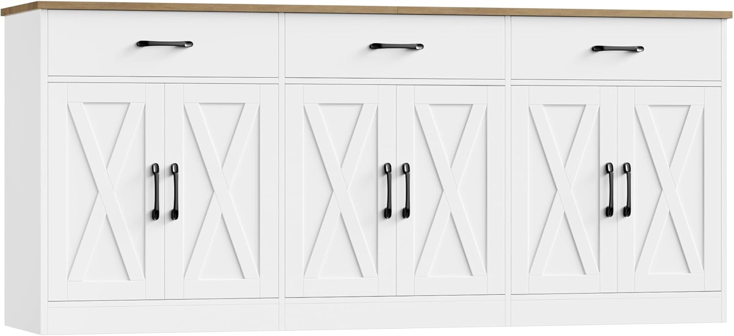 HOSTACK 71" Large Sideboard Buffet Cabinet with Storage, Farmhouse Coffee Bar Cabinet with 3 Drawers, Long Kitchen Buffet Table, Kitchen Sideboard Storage Cabinet for Dining Room, Living Room, White