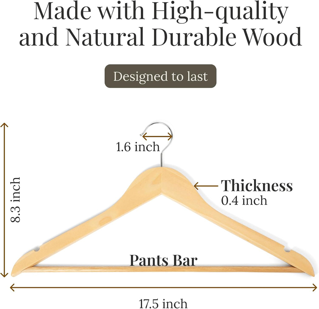 Wooden Hangers 20 Pack – Heavy Duty Wood Coat Hangers with Non-Slip Pant Bar & 360° Swivel Hook, Smooth Finish Clothes Hangers for Closet, Shirts, Suits, Jackets, Dresses & Pants – Natural Wood