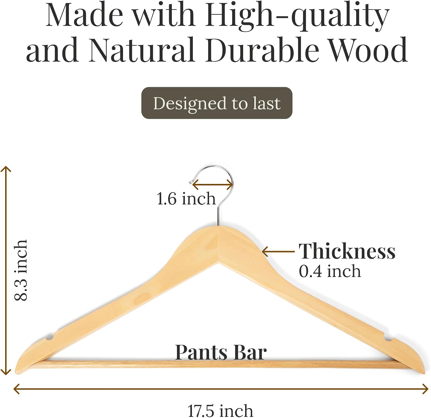 Wooden Hangers 20 Pack – Heavy Duty Wood Coat Hangers with Non-Slip Pant Bar & 360° Swivel Hook, Smooth Finish Clothes Hangers for Closet, Shirts, Suits, Jackets, Dresses & Pants – Natural Wood