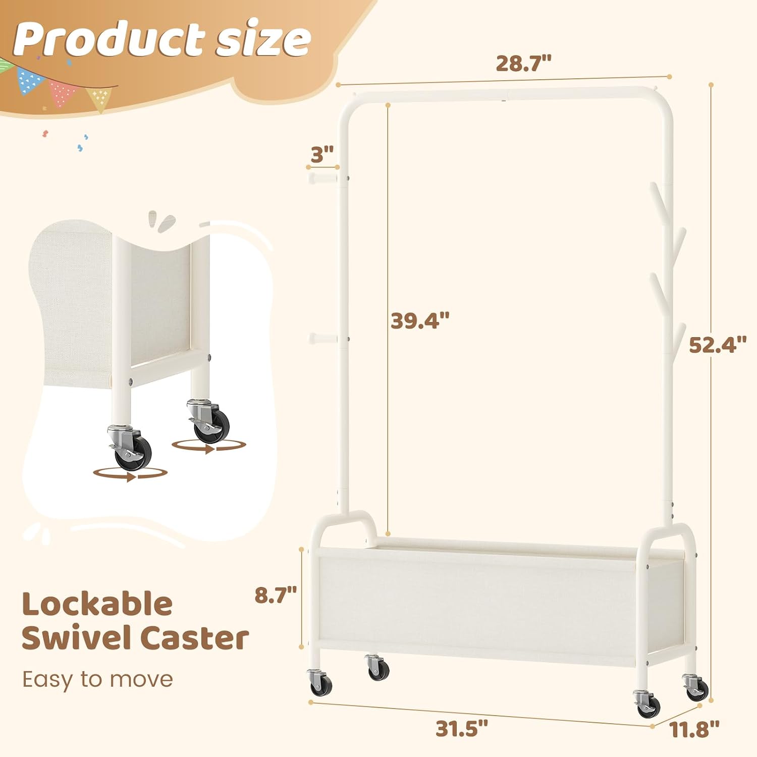 Kids Clothing Rack with Storage Box, Kids Dress Up Storage for Coats, Small Garment Rack for Hanging Clothes, Dress Up Holder with Wheels