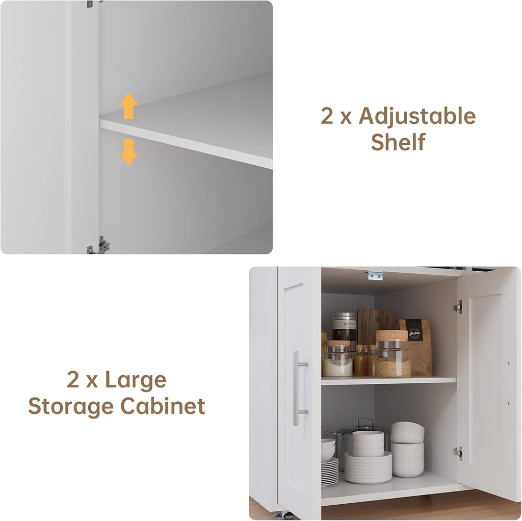 OtterOasis 78" Rolling Kitchen Island with Extendable Dining Table, Mobile Island with Storage for 2, Farmhouse Wood 4-Door Cabinet for Kitchen & Dining Room, White