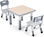 UNICOO - Kids 23""x23"" Three Piece Study Table and Chairs Set, Height Adjustable Plastic Children Art Desk with 2 Seats, Kids Multipurpose Activity Table Set (Maple Top with Grey Border), KT-TCO1