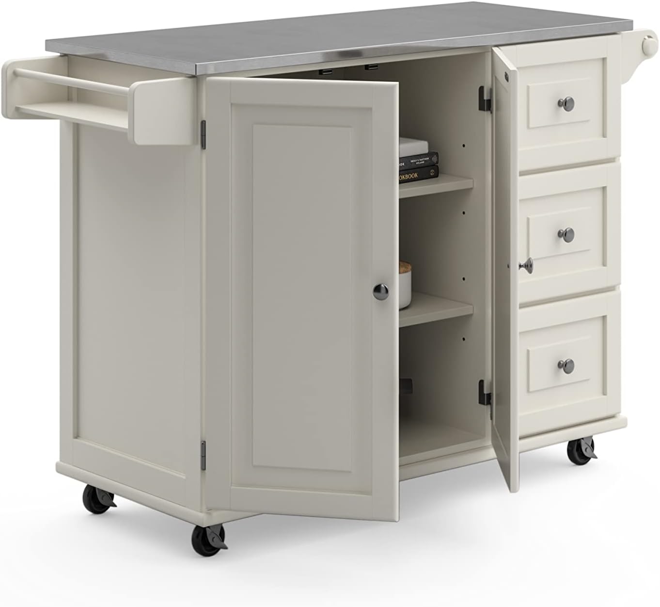 53.5" Kitchen Island Cart with Storage, Rolling Kitchen Cart on Wheels with Stainless Steel Top, Mobile Prep Station with Drawers, Cabinets, Adjustable Shelves & Towel Rack, Solid Wood, Off White