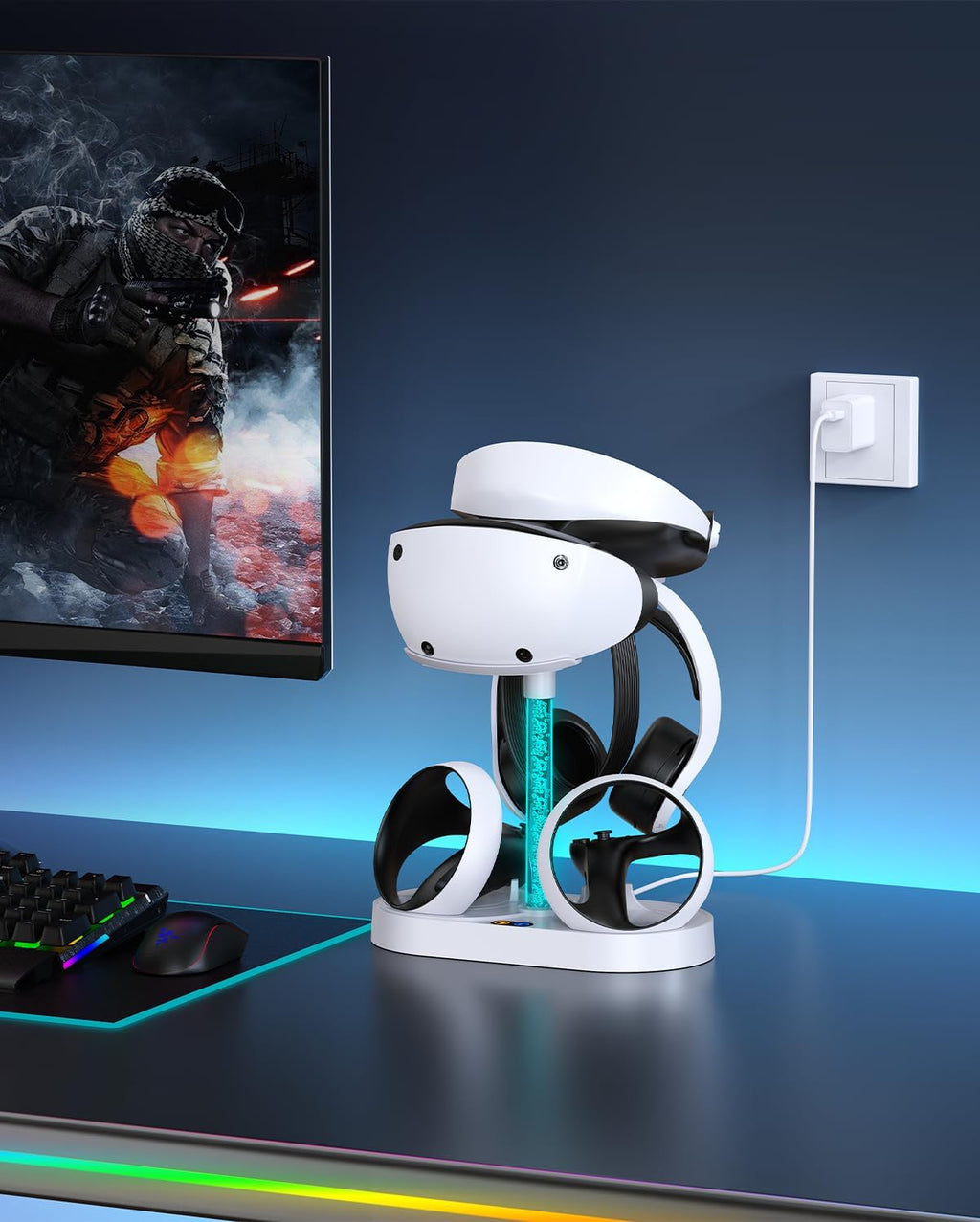 FASTSNAIL Charging Stand for PlayStation VR2, Multifunctional PS VR2 Headset & Sense Controllers Charge Dock Station with 10 RGB Light Modes of Memory, Storage Base Gaming Accessories for PS5 VR2