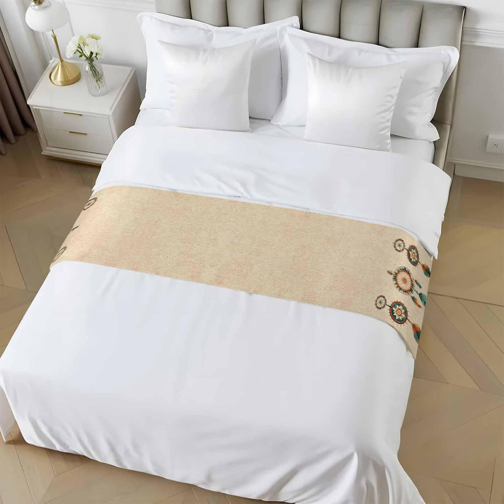 Yukro Retro Feather Bed Runner Scarf, Native American Indian Ethnic Tribe Aztec King Bed Scarf Runner, No Fading Decorative Bedding Scarf for Bedroom Hotels Homes and Guestrooms