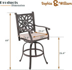 Sophia & William Cast Aluminum Patio Bar Chairs Set of 2, Bar Height Swivel Outdoor Bar Stools Chairs, Counter Height Outdoor Barstools, Brown, Load Capacity: 350 lbs