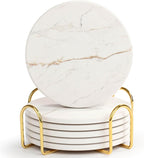 Acejoz Drink Coasters with Holder for Coffee Table, Absorbent Coasters Set of 6, Marble Style Ceramic Coaster for Wooden Table, Suitable for Kinds of Cups, Home Decor, 4 Inches(White)