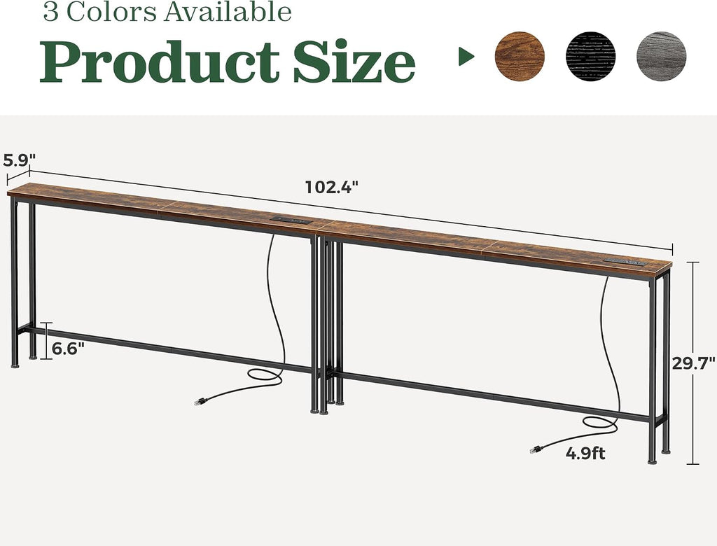 SUPERJARE 102.4 Inch Sofa Table with Power Outlets and USB-C Ports, 5.9 Inch Narrow Console Tables, Entryway Hallway Couch Tables with Storage, Behind Sofa, Small Spaces, Living Room, Rustic Brown